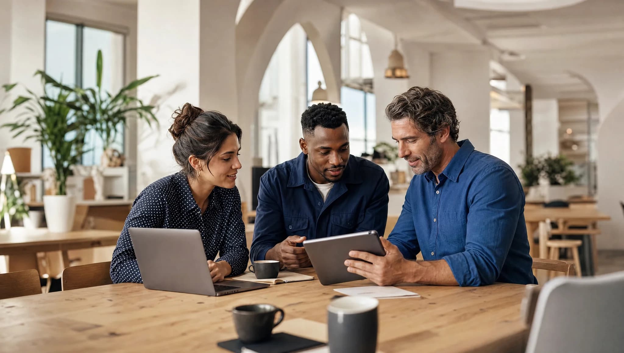 Three professionals from different backgrounds collaborating in a bright workspace