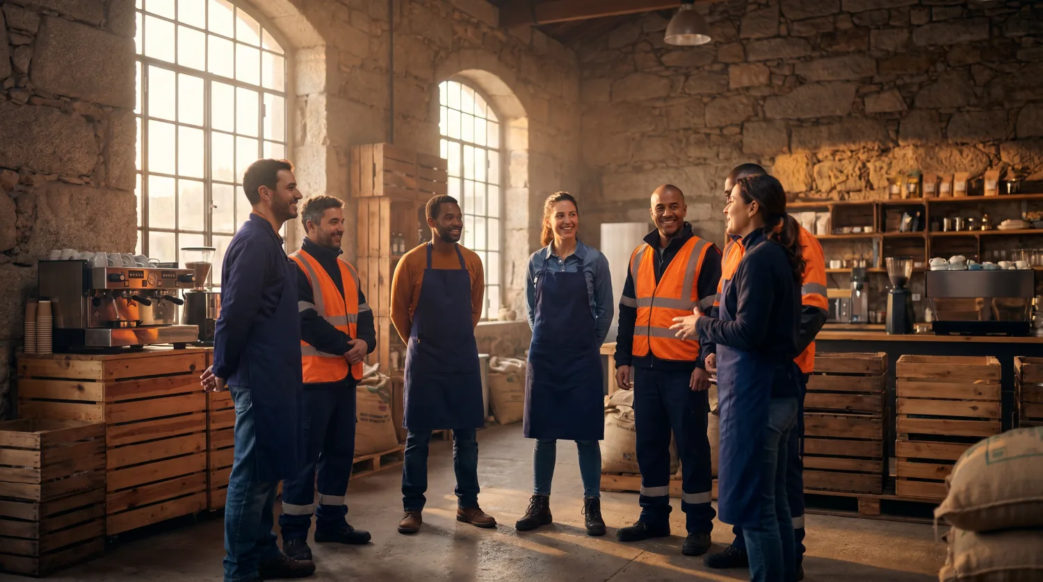 A team gathered in a sunlit café