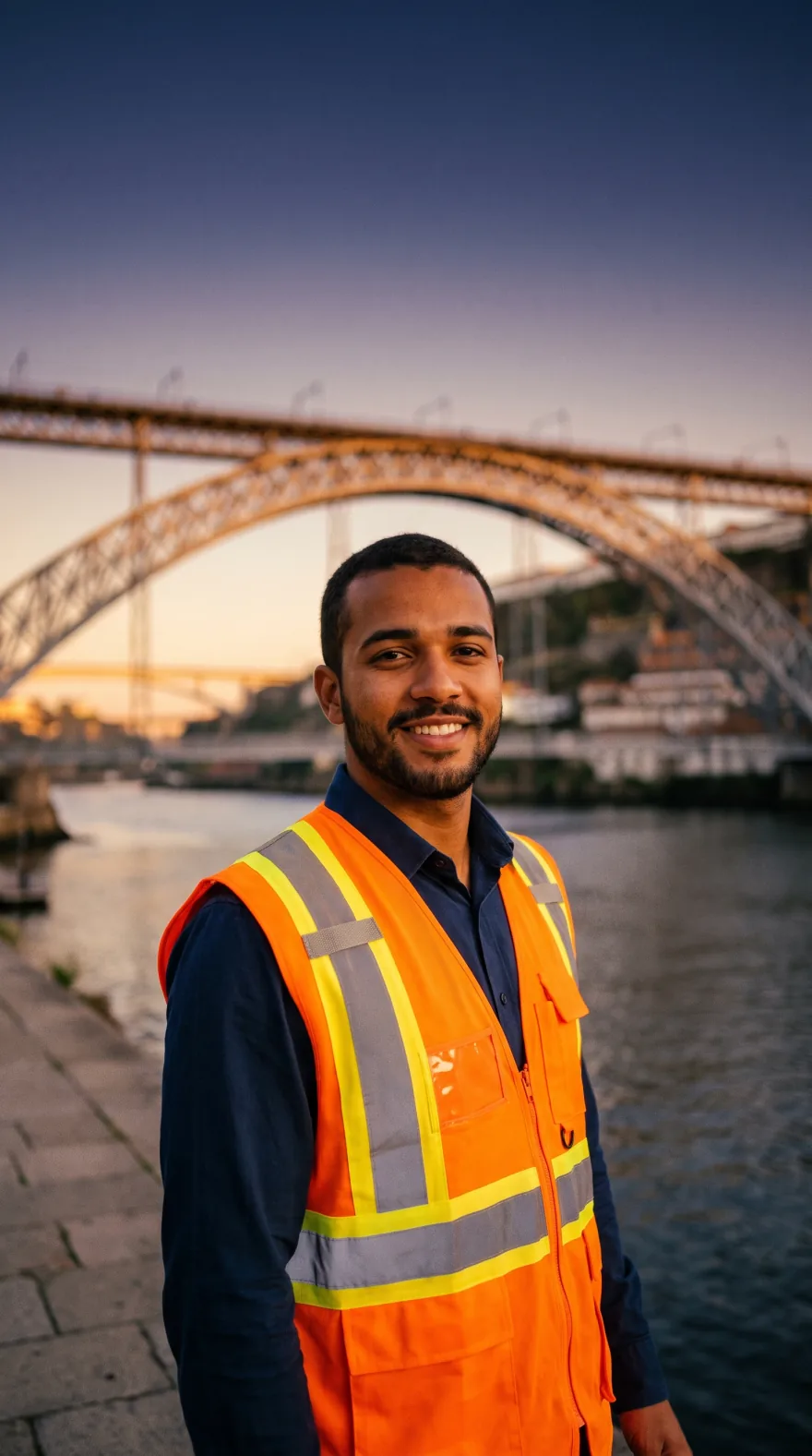 A man in a safety vest beside a river and bridge