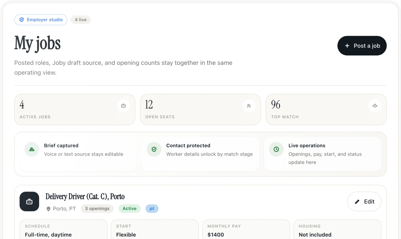 Live Joblio employer jobs dashboard showing posted roles, open seats, match score, and edit controls