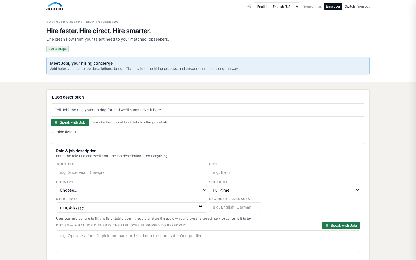 Live Joblio employer jobs dashboard showing posted roles, open seats, match score, and edit controls