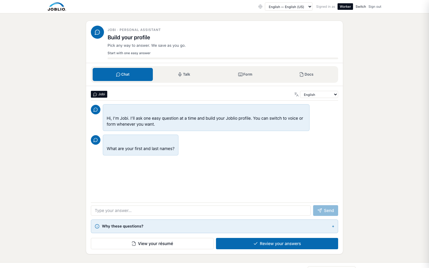 Live Joblio Jobi intake screen showing chat, talk, form, and document modes